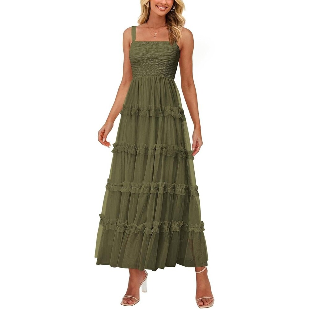 PRETTYGARDEN Women's Maxi Dress XX-LARGE Army Green Smocked Tiered Ruffle Flowy